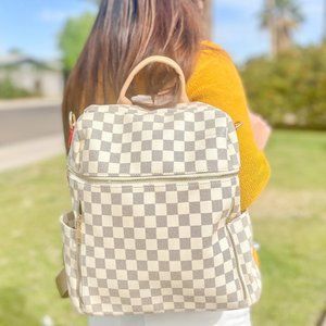 Checkered Mono Backpack w/ Mini Clutch Set- Cream